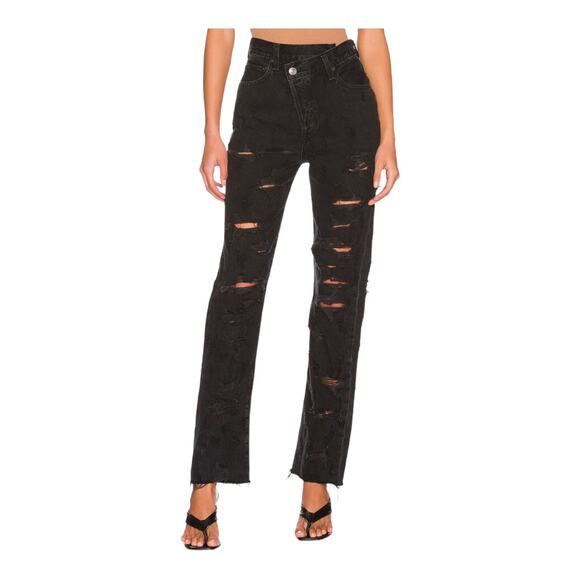 Agolde Distressed Criss Cross Jeans Black Women 26 Offset Button Closure - Picture 1 of 15
